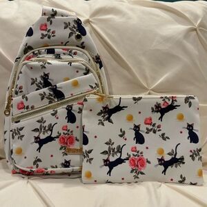 Black Cat Roses Chest Sling Bag Travel Shoulder Daypack & Zippered Pouch Bag NEW